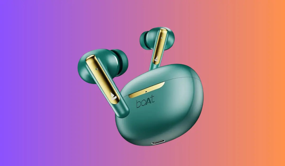 a blue earbuds with a yellow and gold case