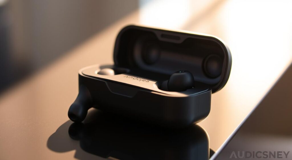 a black wireless earbuds in a black case