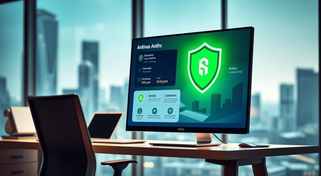 a computer monitor on a desk