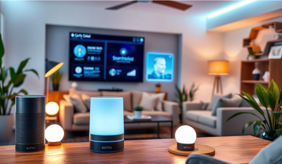 a room with a television and a smart speaker