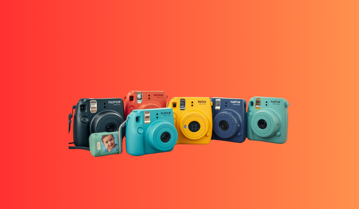 a group of colorful cameras
