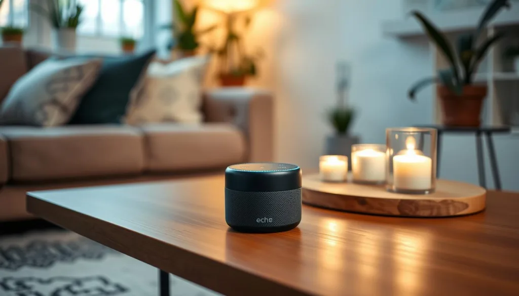 an Alexa device on a table with candles on it