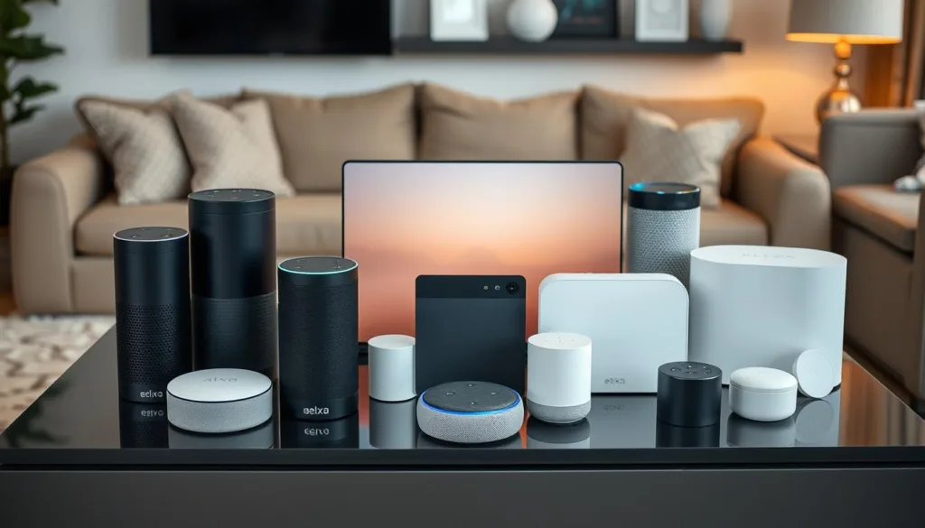a group of alexa devices on a table