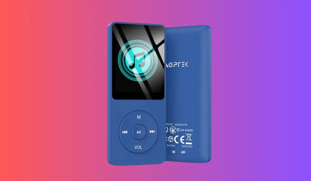 a blue music player with a screen
