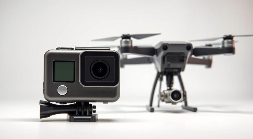 A Gopro camera next to a DJI drone