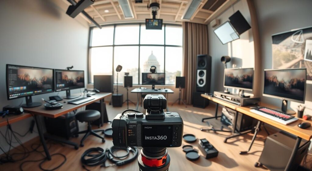 insta360 camera on a tripod in a room with computers and a large window