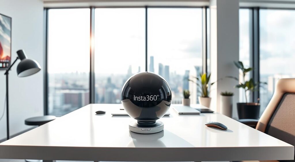 a black sphere on a white table depicting insta360 camera