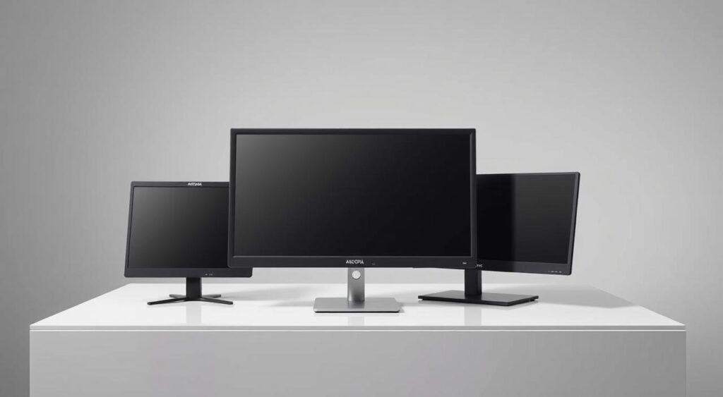 a group of monitors on a table