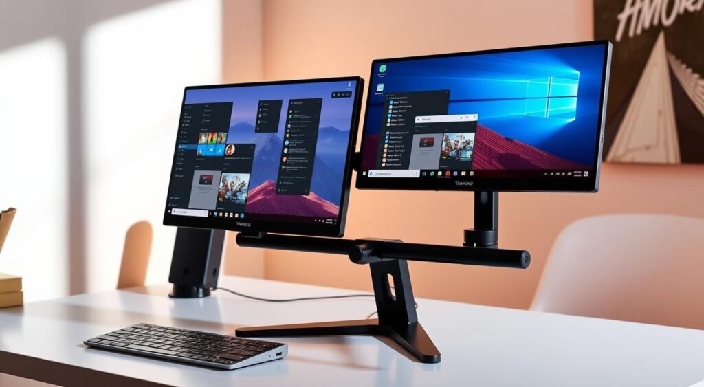 a computer monitor on a stand