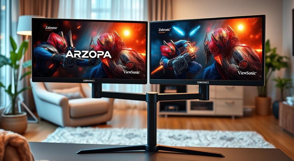 a two screens on a stand