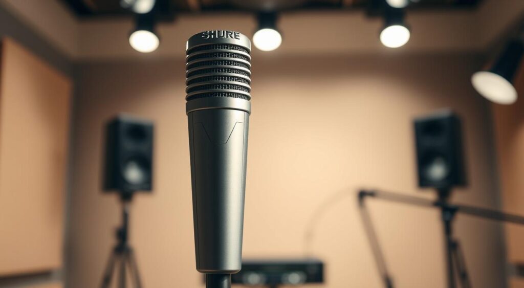 a microphone in front of a stage