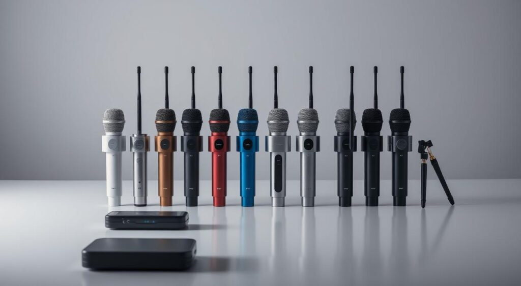 a row of microphones on a table