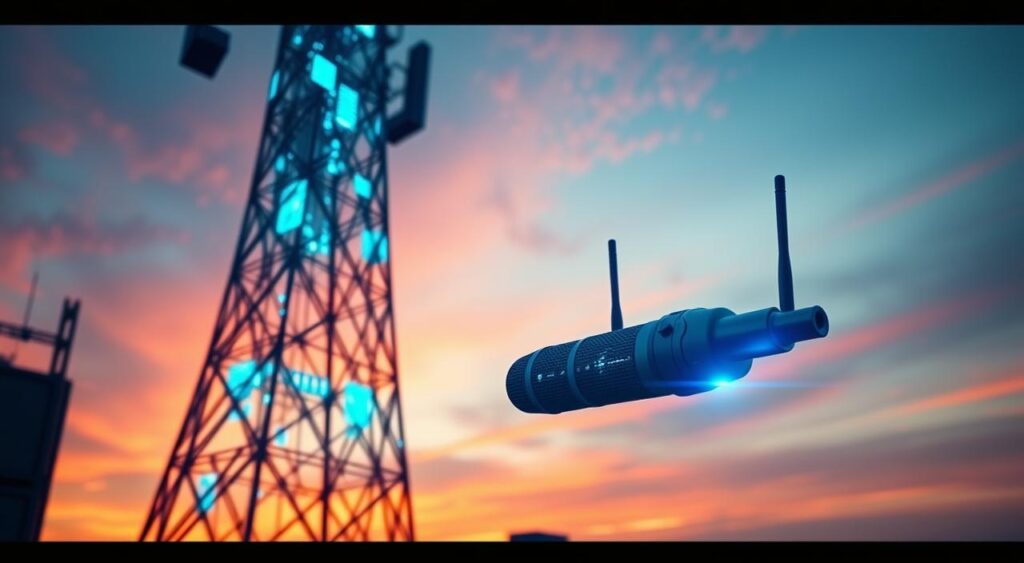 a microphone in front of a tower