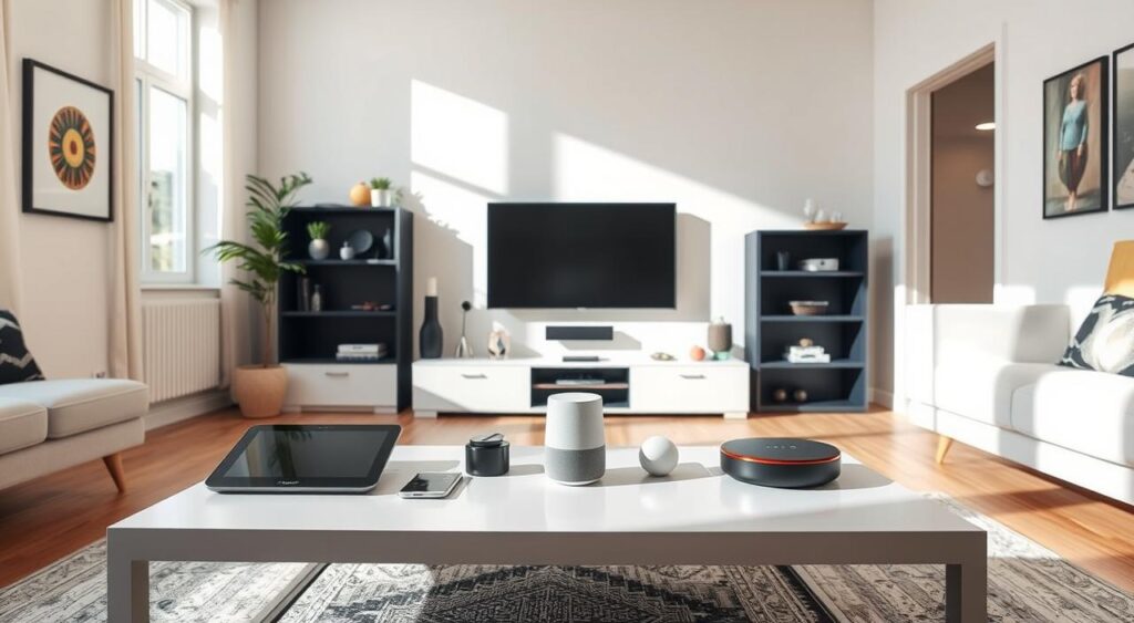 a white table with electronic devices on it